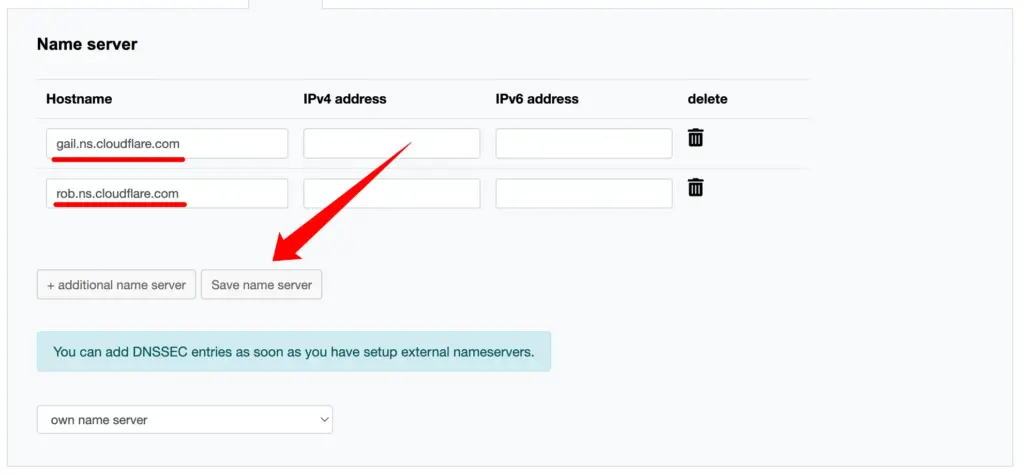 在域名管理面板中添加 Cloudflare 提供的 NS 记录的操作截图，用于展示更换域名 DNS 服务器的步骤。