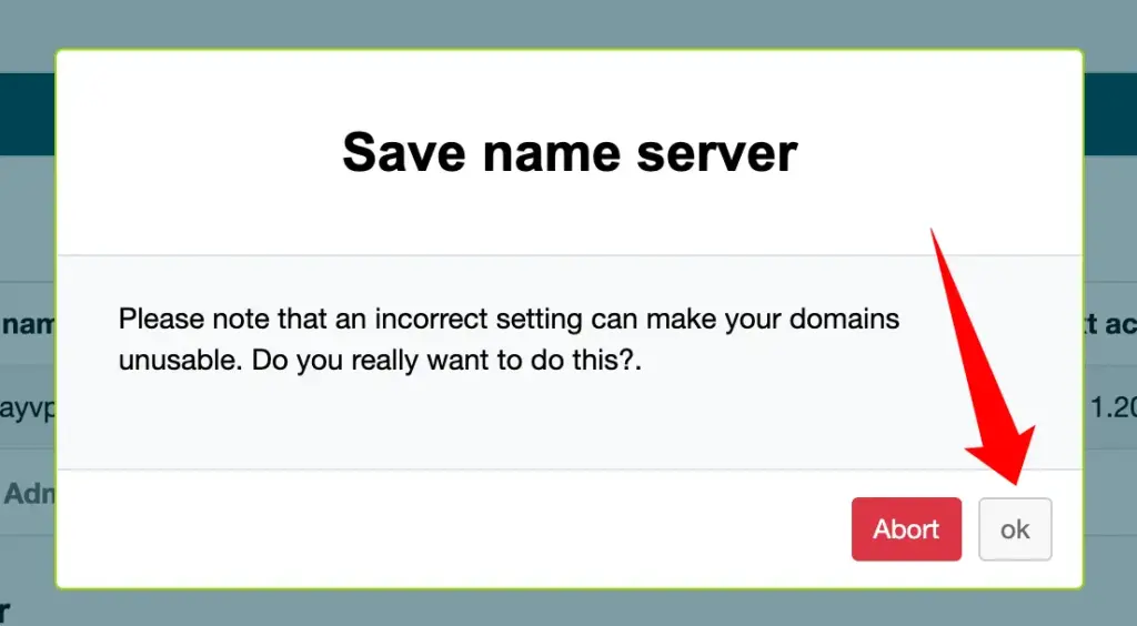 操作过程中弹出确认提示框的界面截图，用户点击 OK 按钮以确认本次更改。