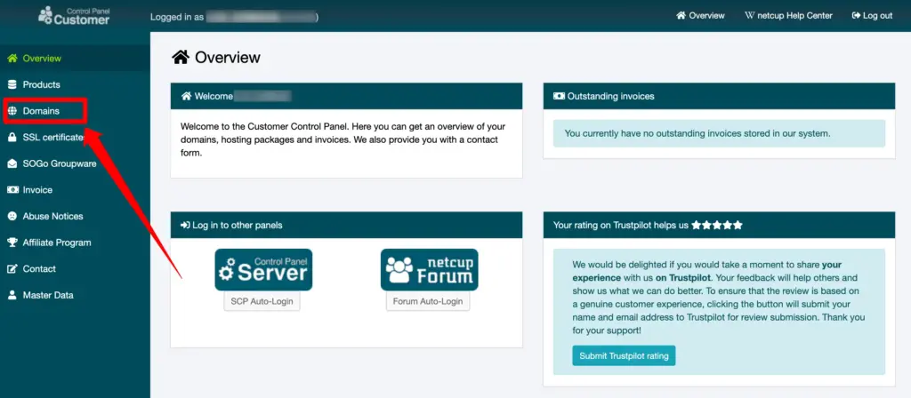 登录 netcup 官方客户控制面板的页面截图，用于展示输入邮箱和密码进入后台的操作界面。