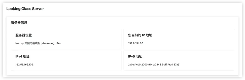 Looking Glass 页面展示服务器网络信息,包括 IP、ASN 和节点位置