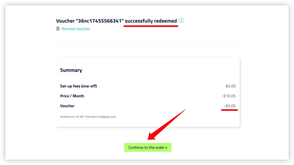 在 Netcup 结账页面确认优惠码成功抵扣 5€ 后的金额变化示意图,用于展示折扣应用情况。